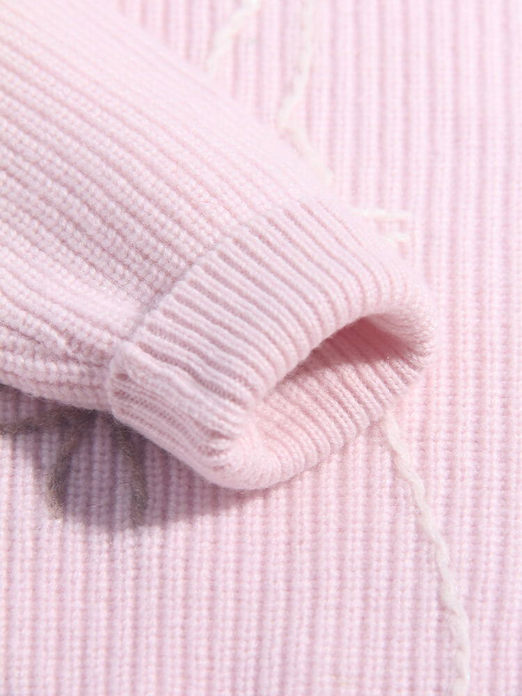 Light Pink Bunny and Bow Outline Cashmere Ribbed Knit Sweater